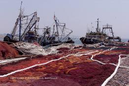 Image du Maroc Professionnelle de  Quelques ouvriers s'activent à réparer les filets de pêche sur un des quais au port d'Agadir, ville située au sud du Maroc, Vendredi 23 Août 2002. (Photo / Abdeljalil Bounhar)

 